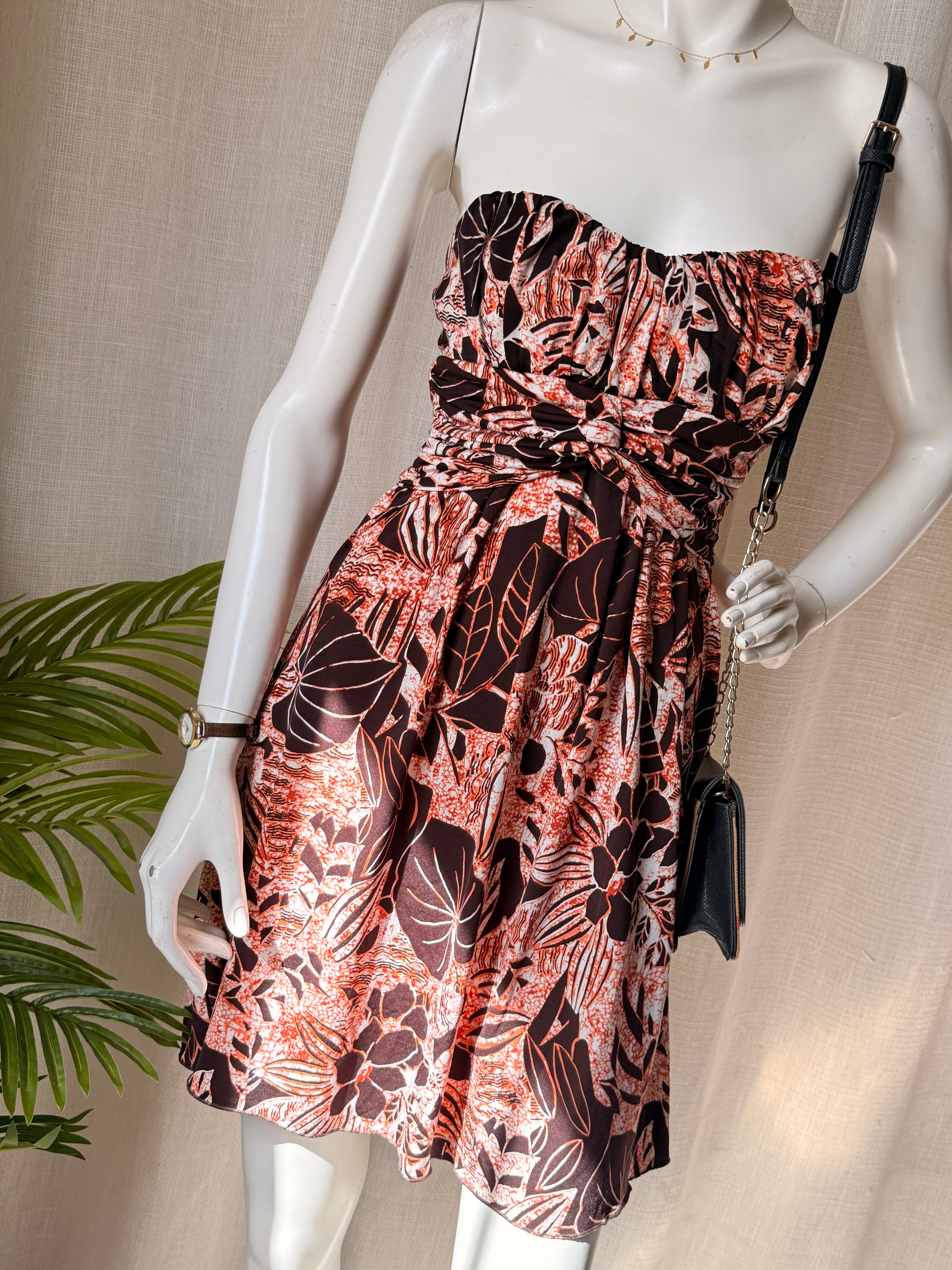 Eclipse Boho Floral Strapless Dress | Earthy Orange Ruched Bust | Size M/L