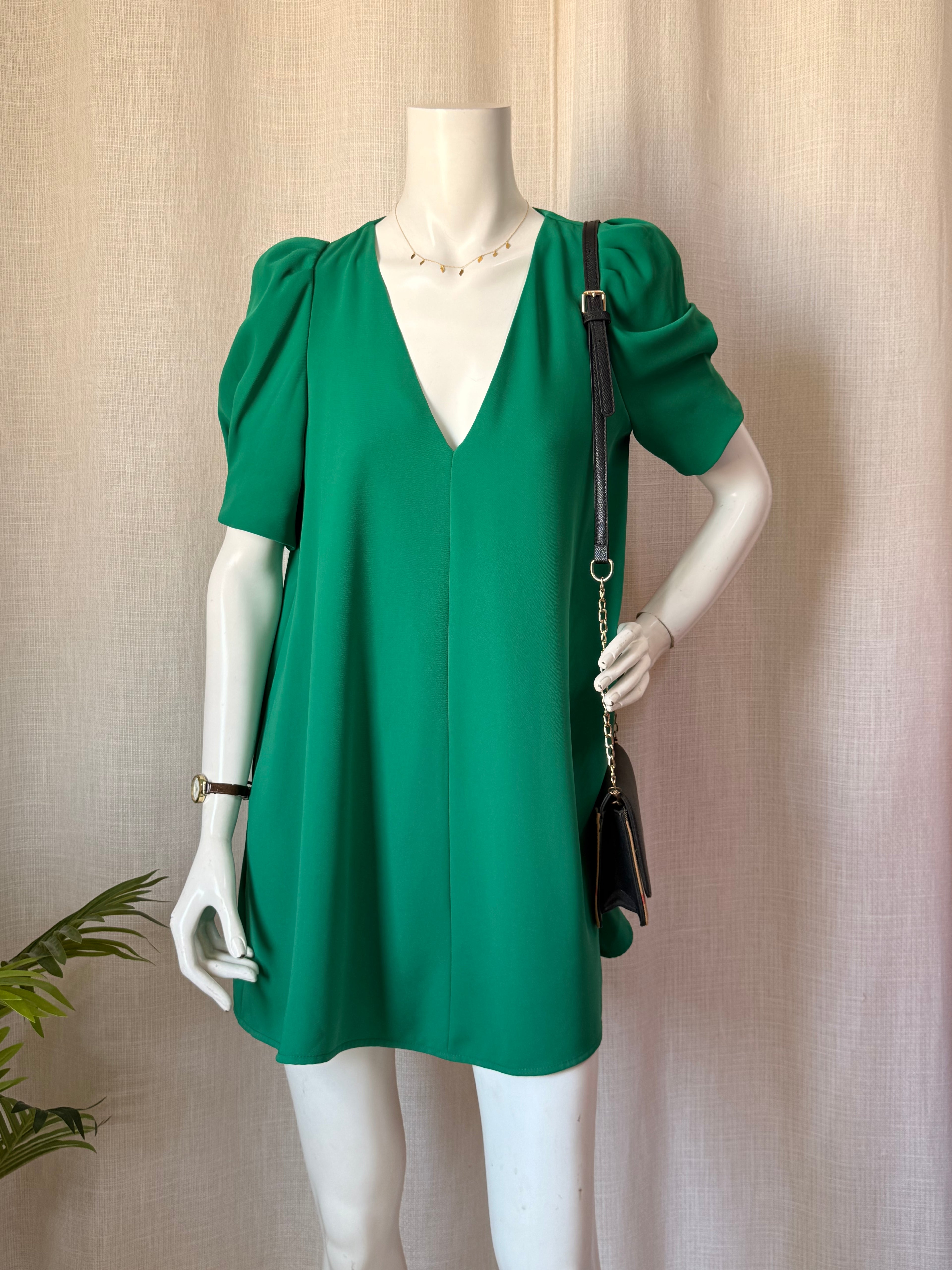 Zara Emerald Green V-Neck Puff Sleeve Shift Dress (Size M)