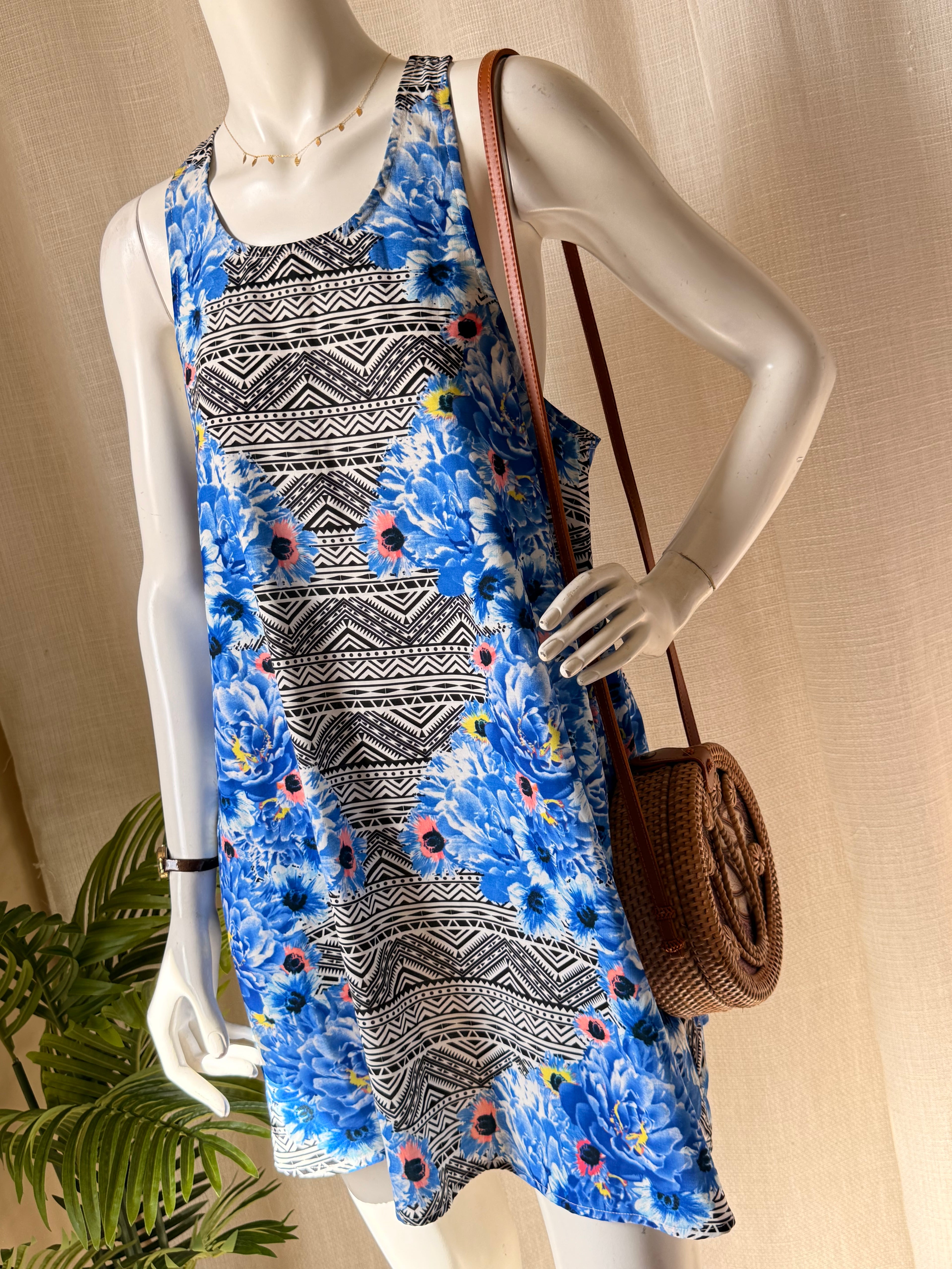 Faith in Love Geometric & Floral Mini Dress - Strappy Back - Size 10 - Blue Boho