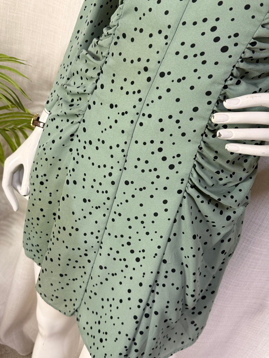 Zara Sage Green Polka Dot Ruched Button-Front Mini Dress - Size M
