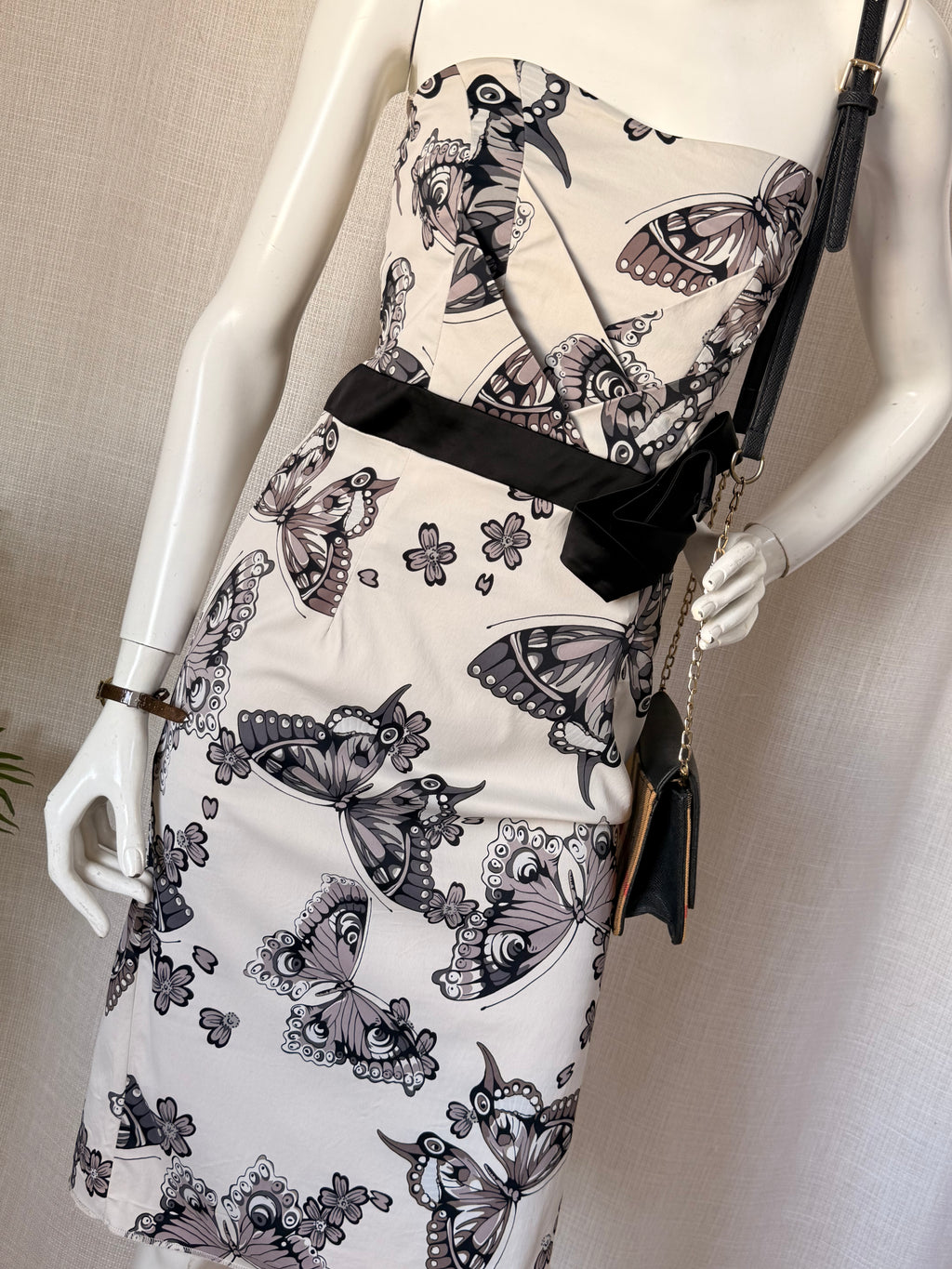 Vintage Karen Millen Butterfly Print Strapless Pencil Dress | UK 14