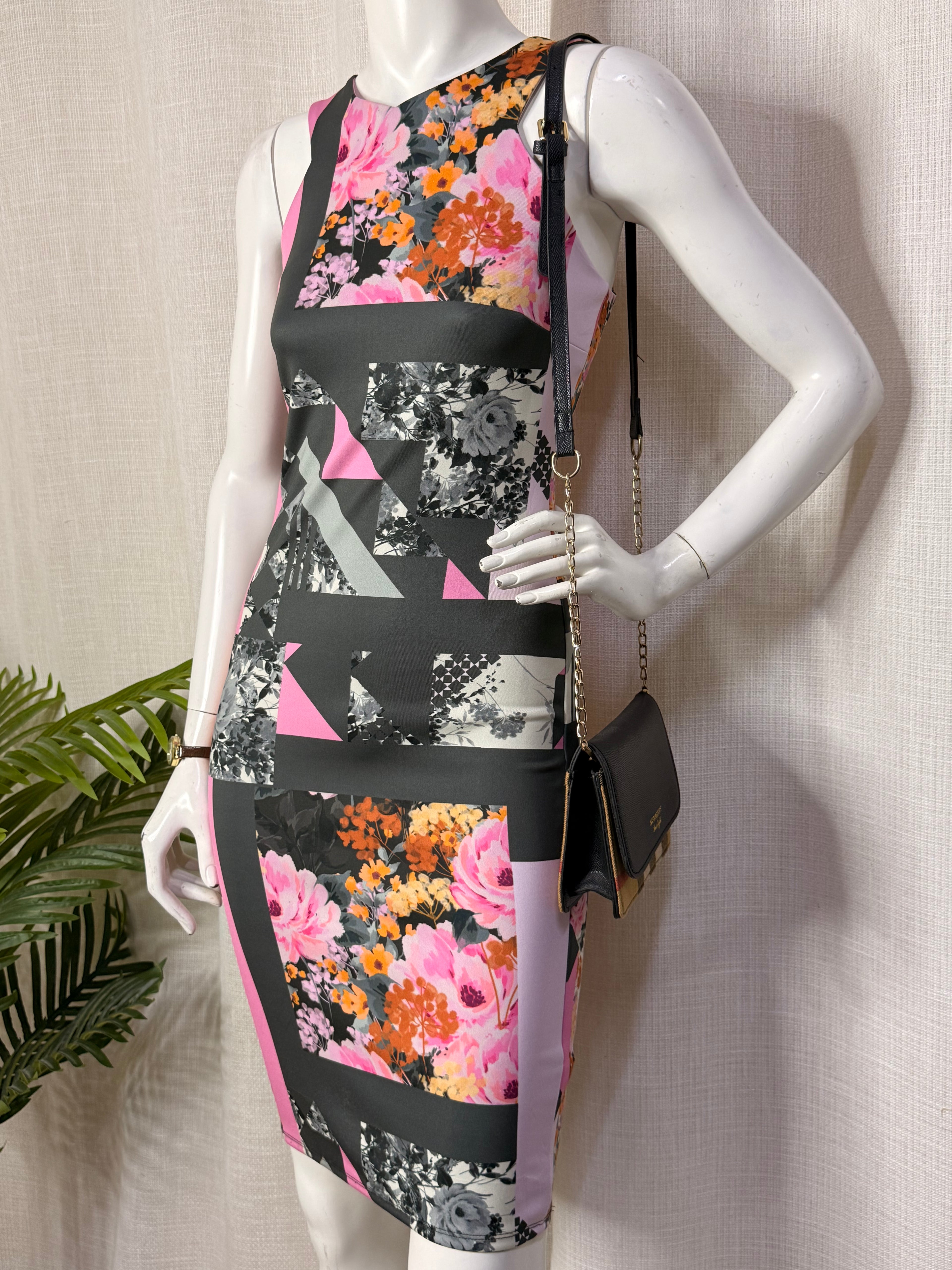 Next Geometric Floral Abstract Panels Bodycon Dress - Size UK 8 / EUR 36 - Small