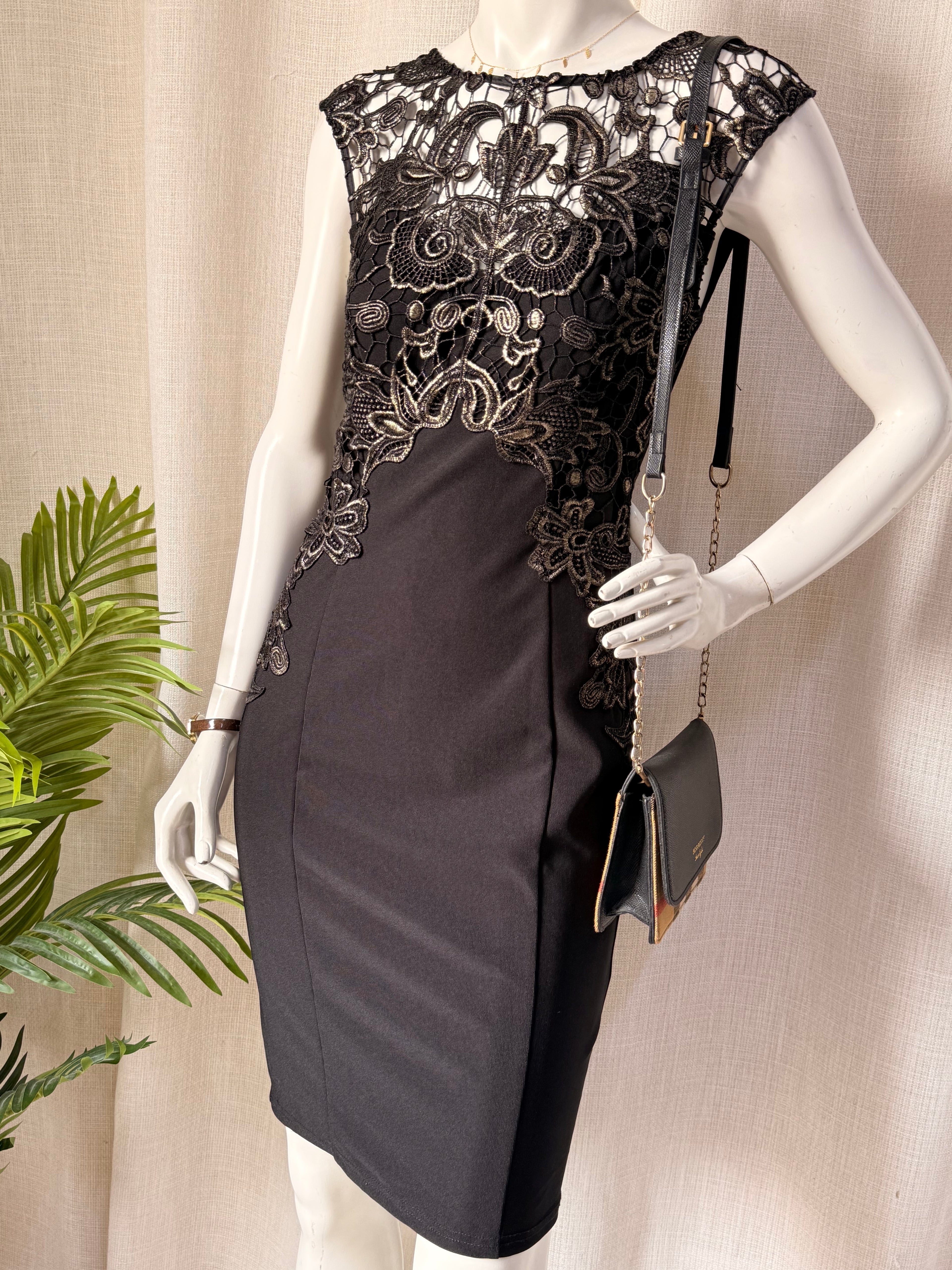Lipsy London Black Embroidered Lace Bodycon Dress – Size S | Elegant Cocktail & Evening Dress