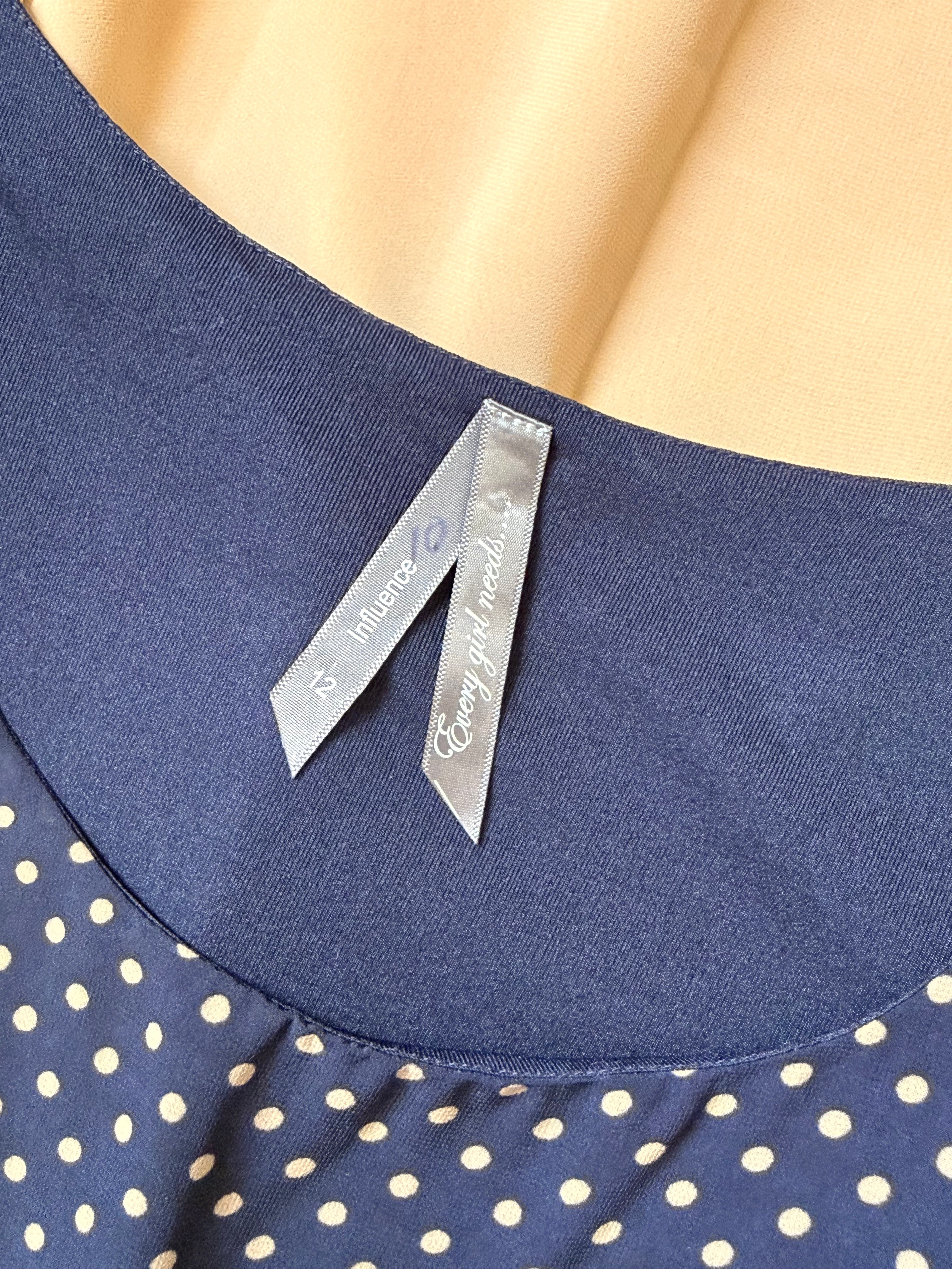 Influence Navy Polka Dot & Peach Skirt Mini Dress - Size UK 12 (Fits UK 10/12)