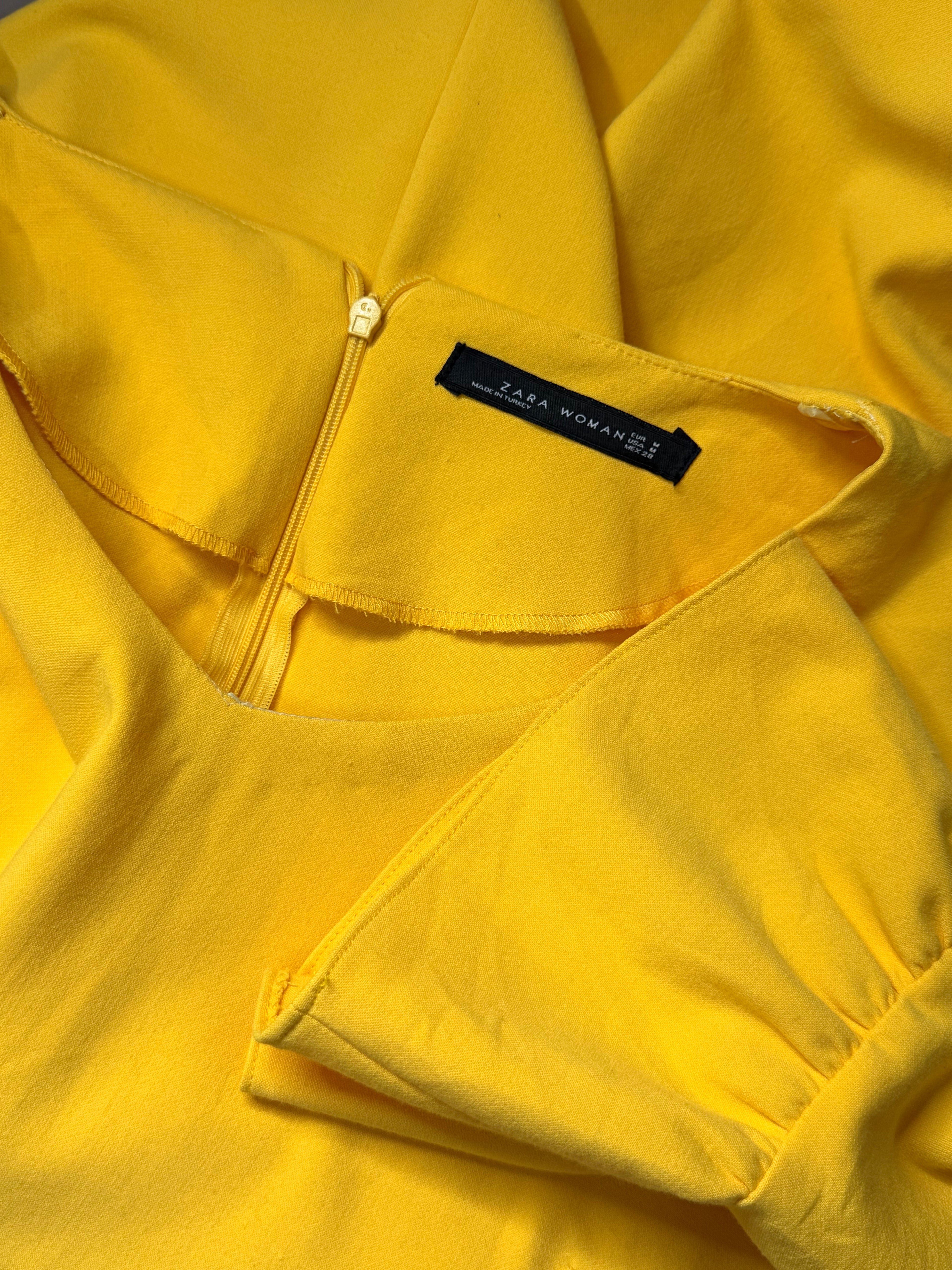 Zara Woman Yellow V-Neck Ruffle Sleeve Shift Mini Dress – Size M / UK 10