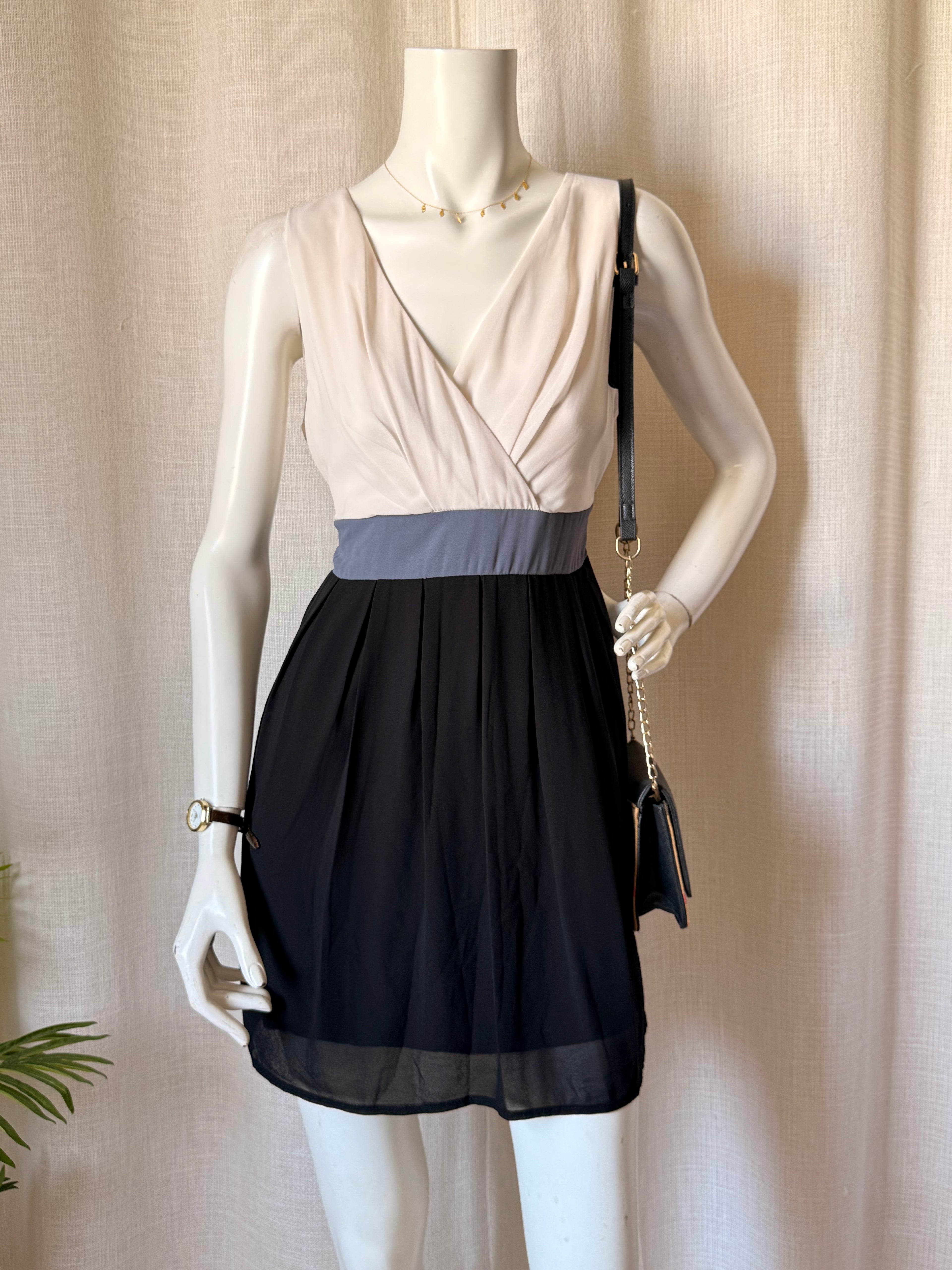 Blush Color-Block Mini Dress - Cream, Grey & Black - Pleated Skirt - Size Large