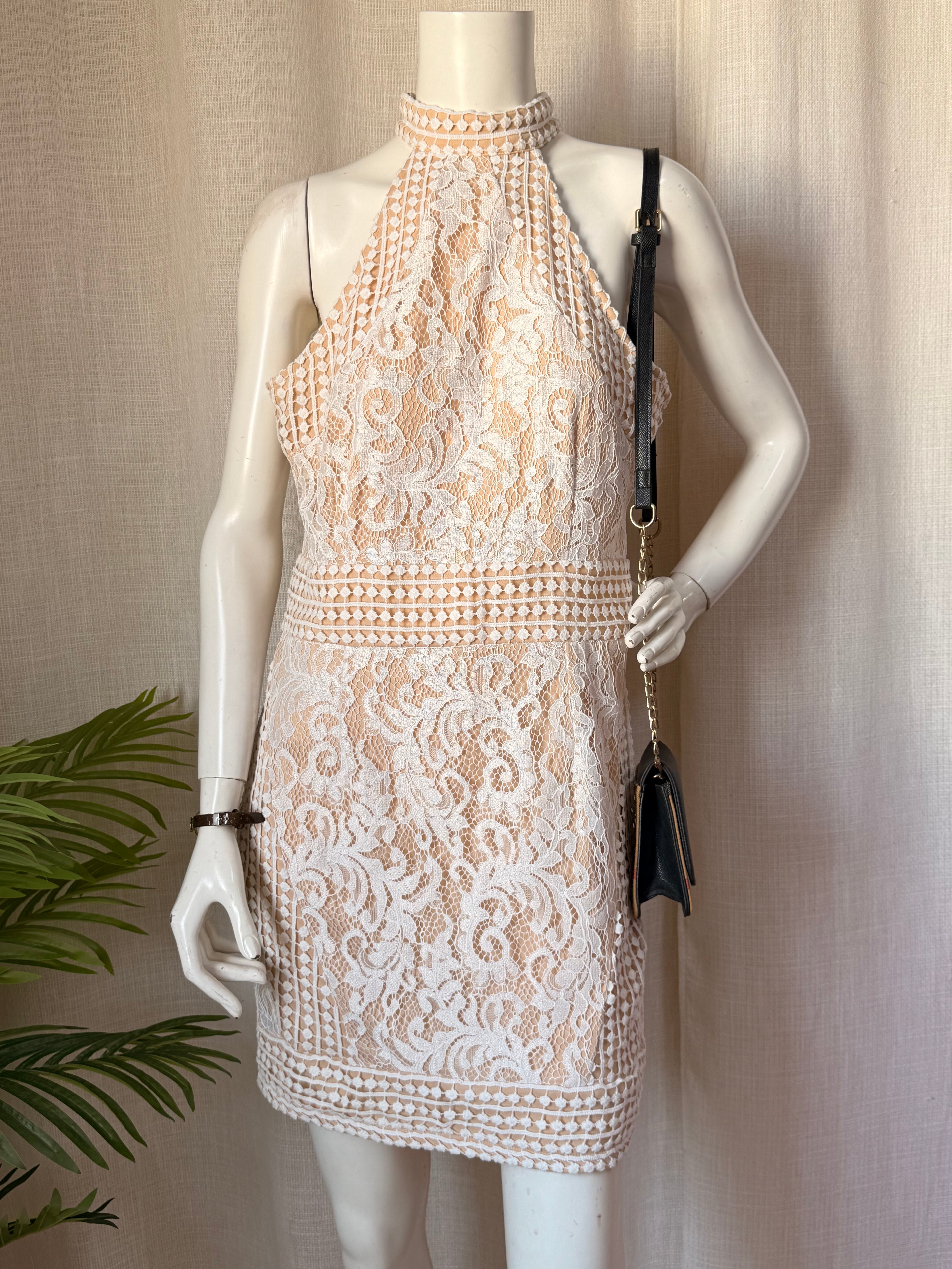PrettyLittleThing Cream Lace Halterneck Bodycon Dress | UK 14