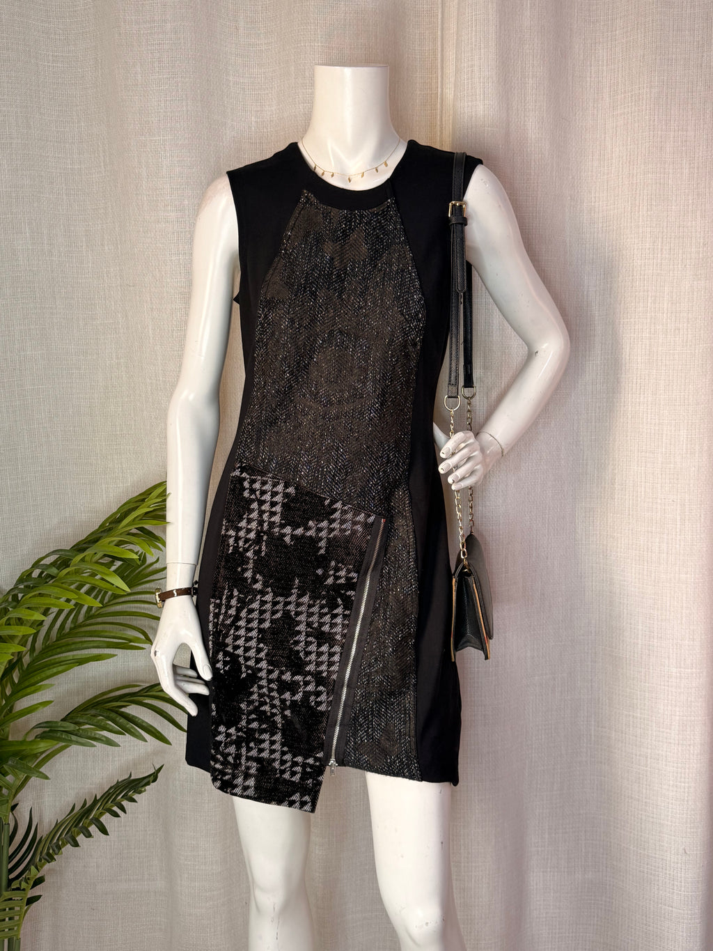 Desigual Black Metallic Mixed Print Sleeveless Dress – Size Medium | Statement Party Dress