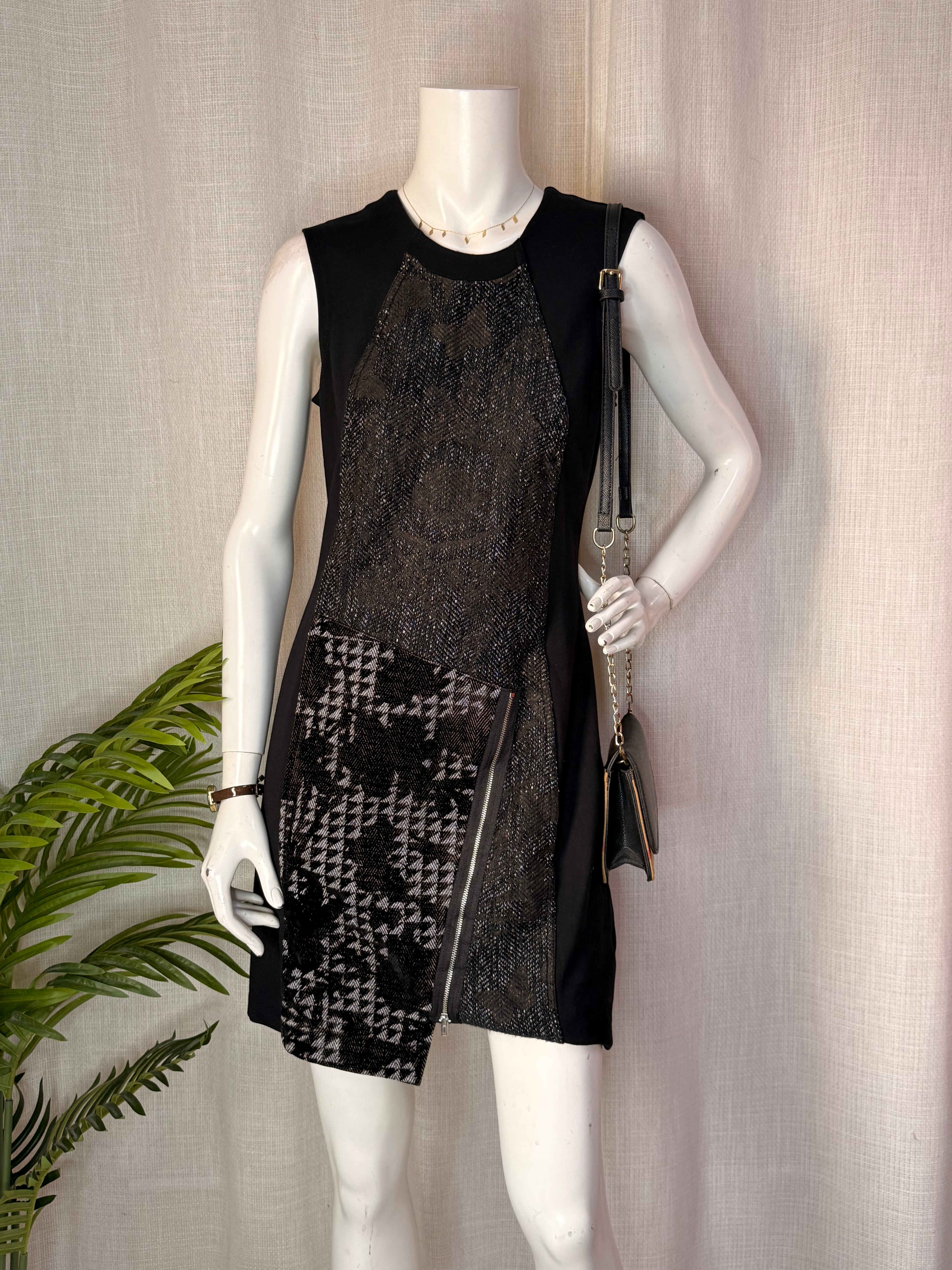 Desigual Black Metallic Mixed Print Sleeveless Dress – Size Medium | Statement Party Dress