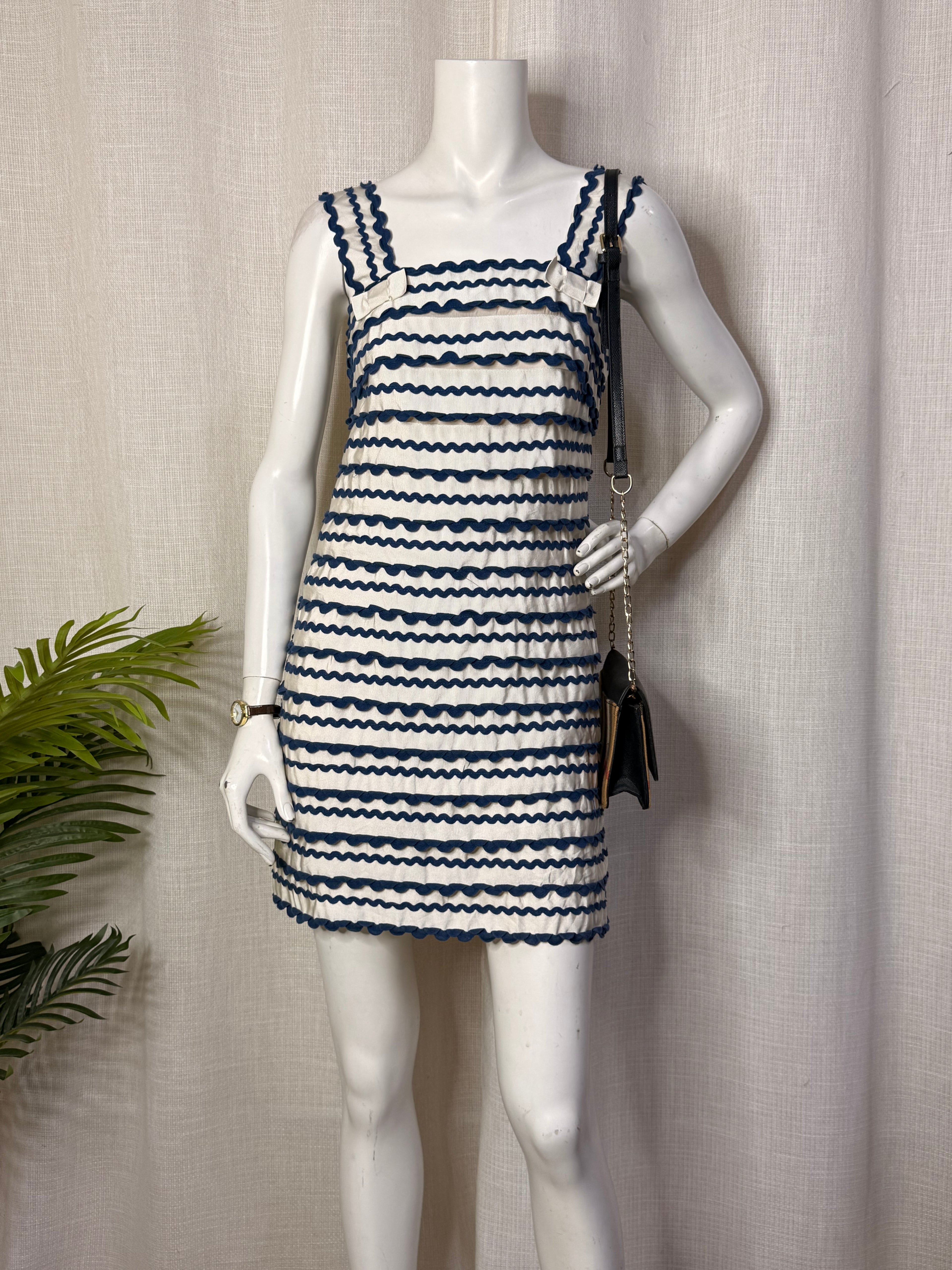 Vintage French Connection Cream & Navy Blue Ric-Rac Textured Mini Dress - Size UK 10 - Medium