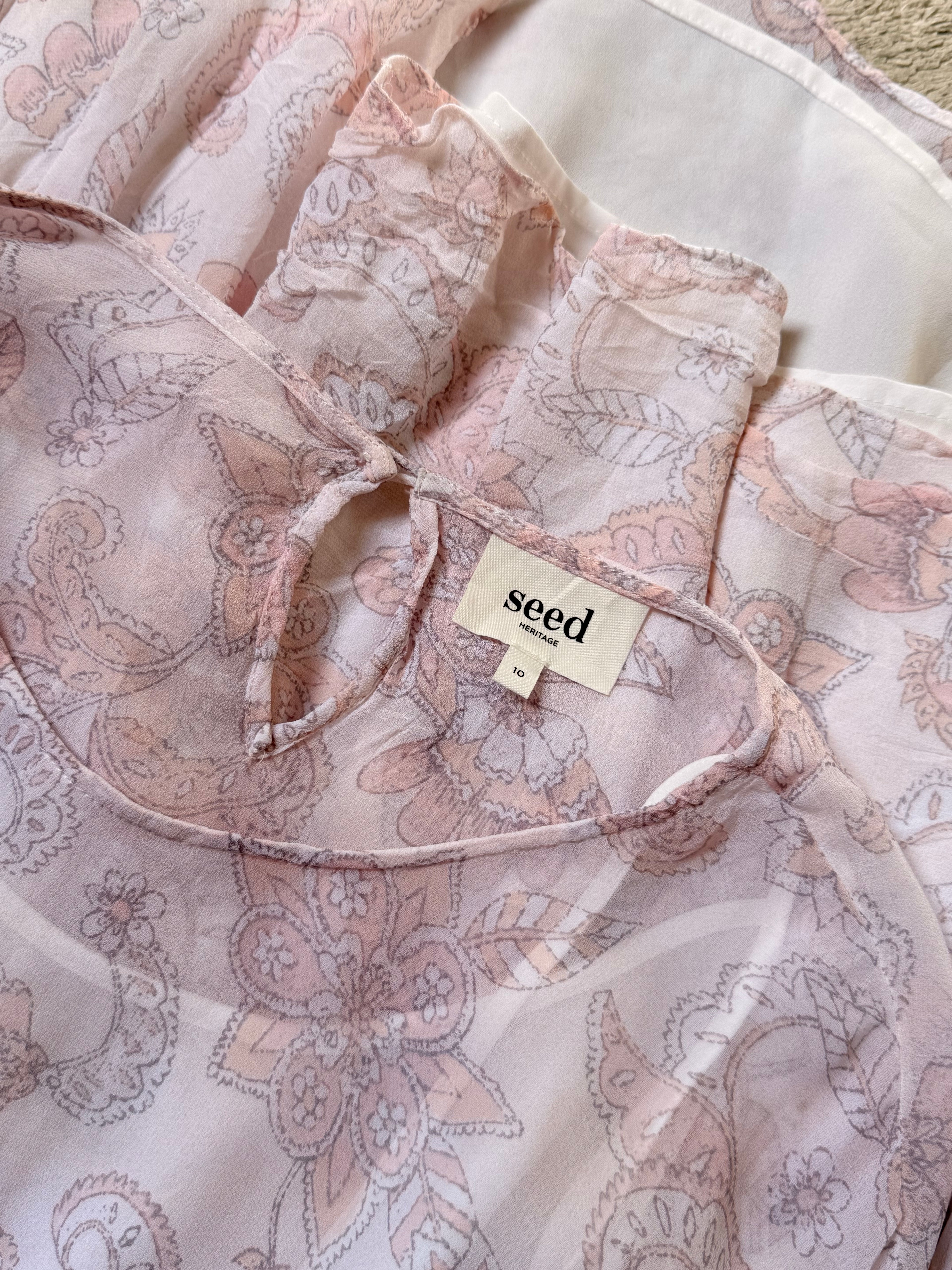 Seed Heritage Paisley Smocked Mini Dress | Pink Boho Ruffle Sleeve - Size 10