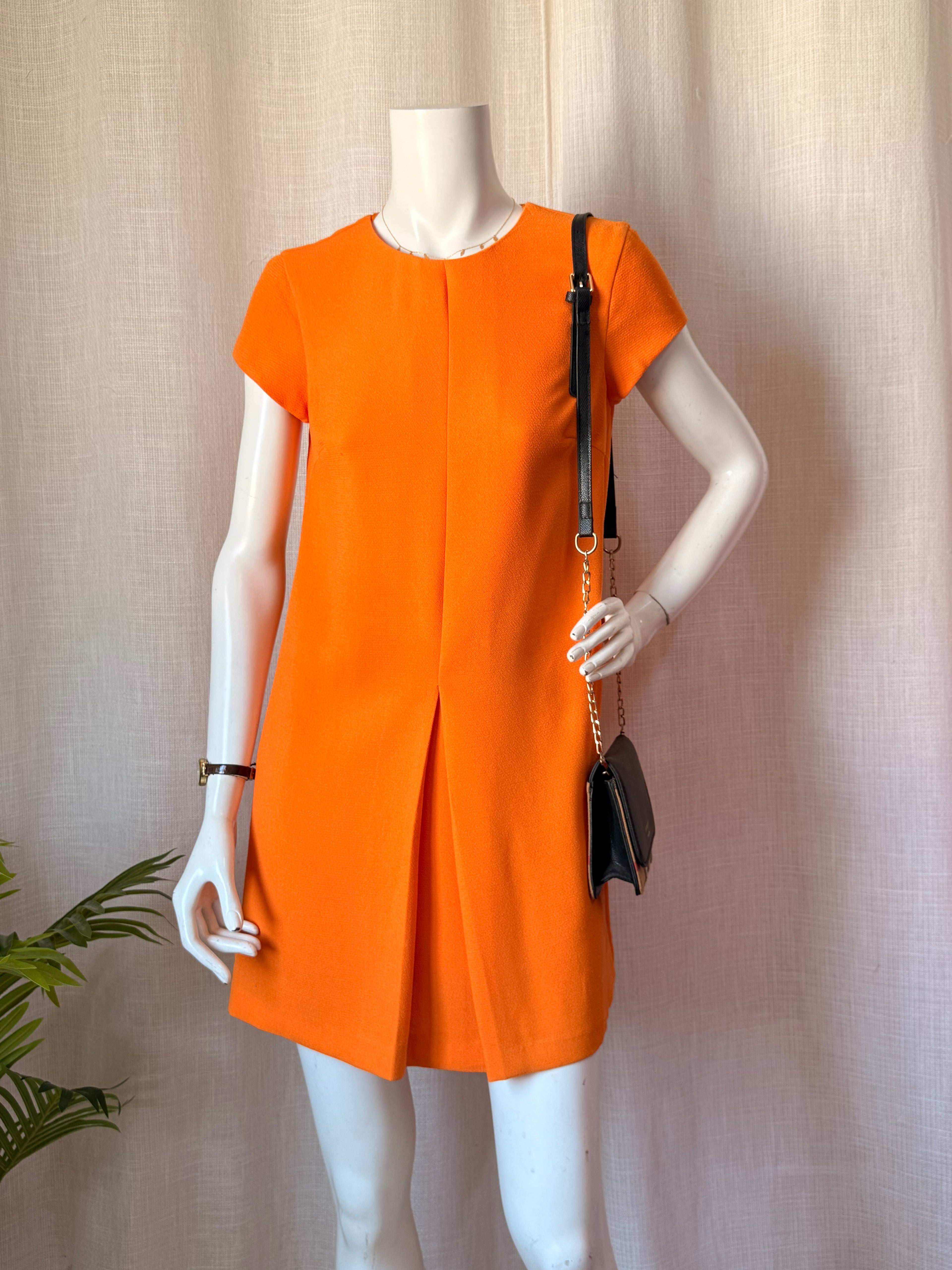 Zara Trafaluc Tangerine Orange Pleated Shift Mini Dress (Size EUR M / USA M)