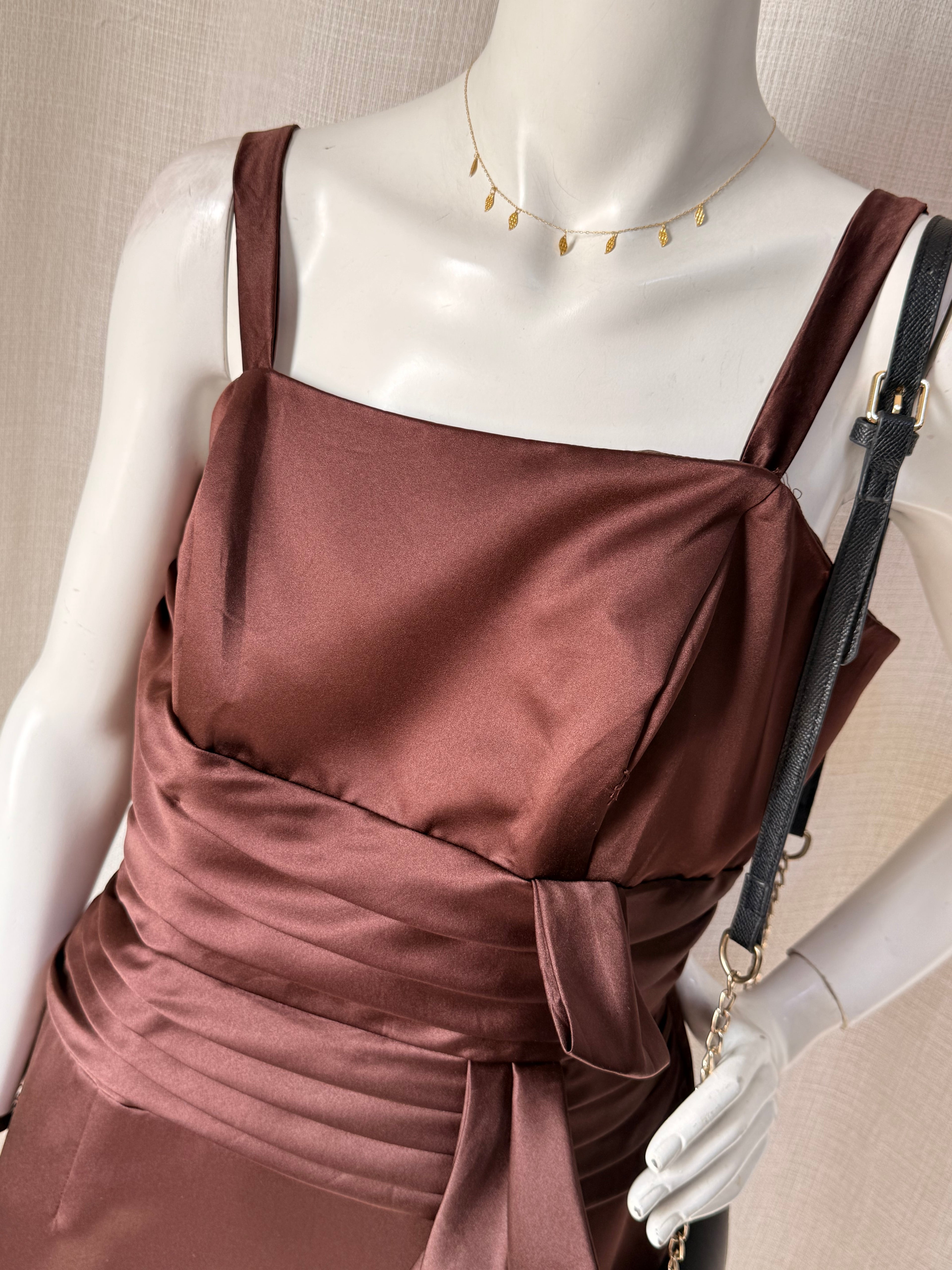 BARI JAY Chocolate Brown Satin Ruched Bow Cocktail Dress – Size US 14 | Elegant Evening & Formal Dress