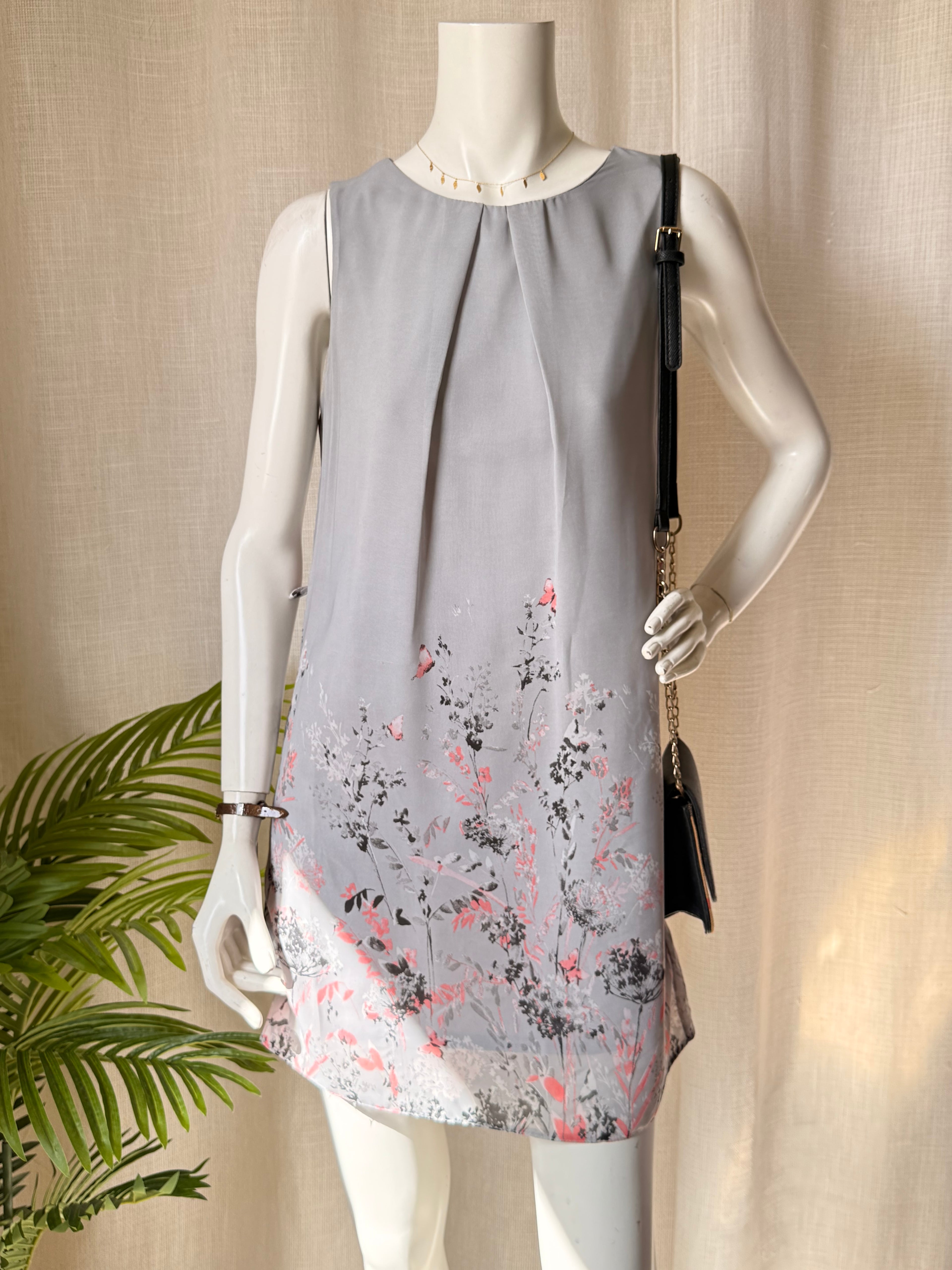Atmosphere Grey Floral Shift Dress - Pleated Neckline & Butterfly Print - Size 10 (M)