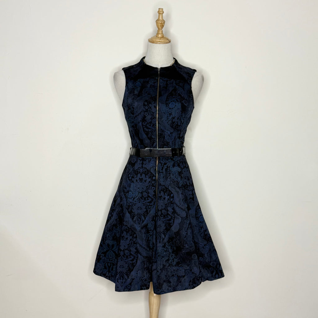 Cue Australia Navy & Black Brocade Dress with Belt