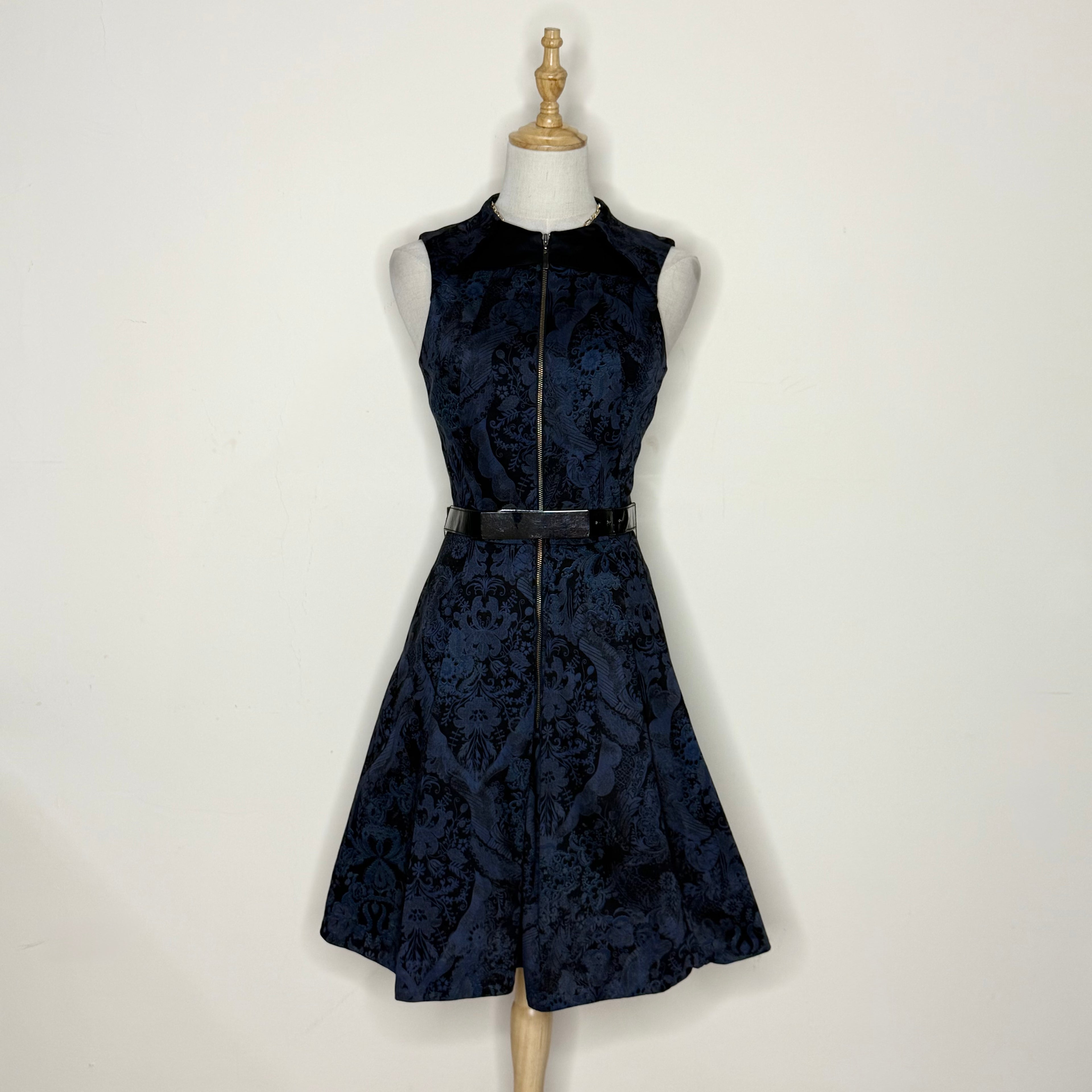 Cue Australia Navy & Black Brocade Dress with Belt