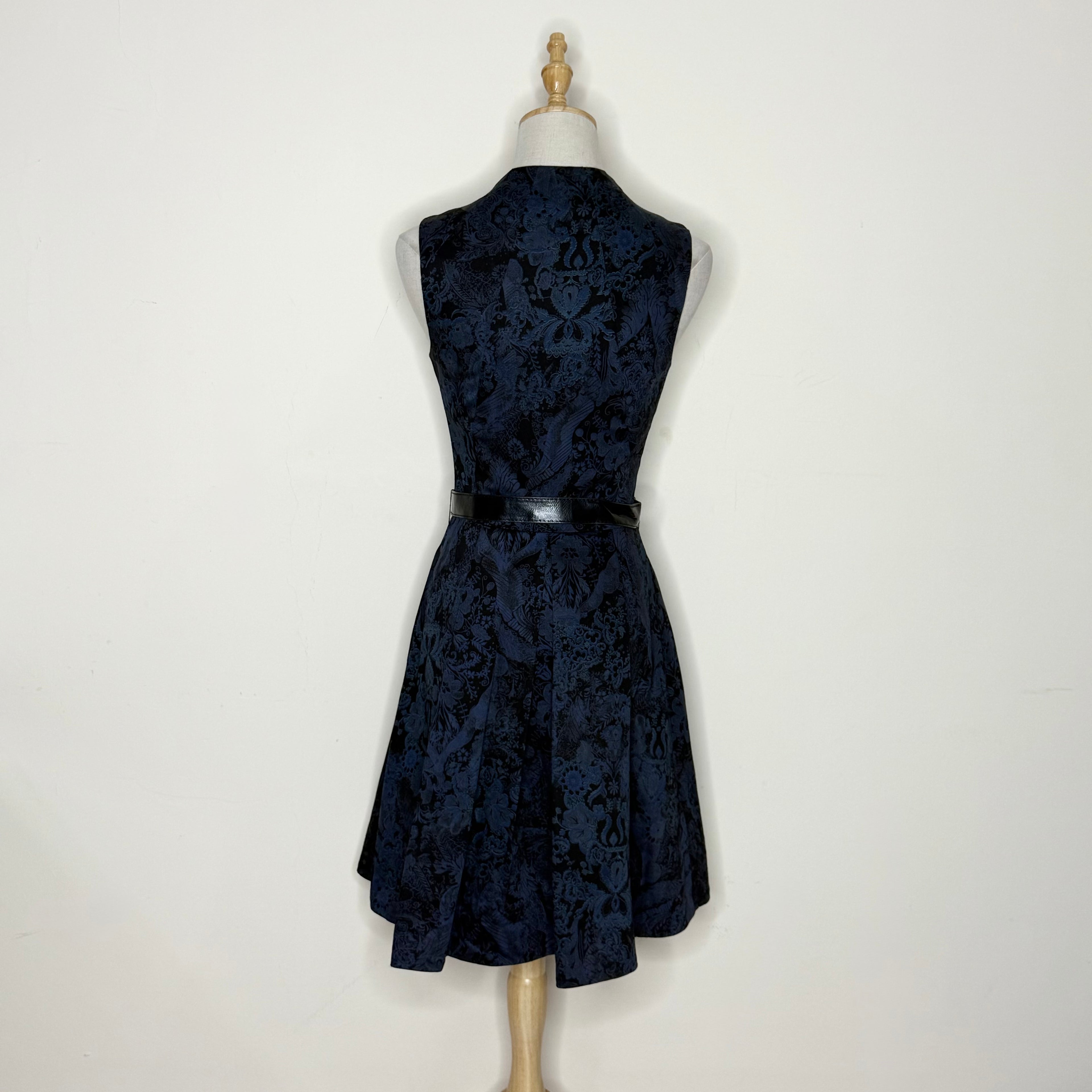Cue Australia Navy & Black Brocade Dress with Belt