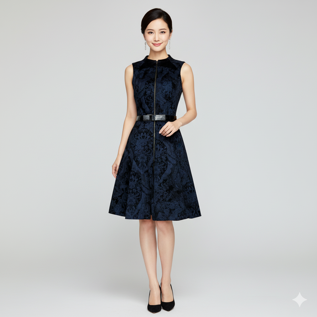 Cue Australia Navy & Black Brocade Dress with Belt (AUS 6 / XXS)
