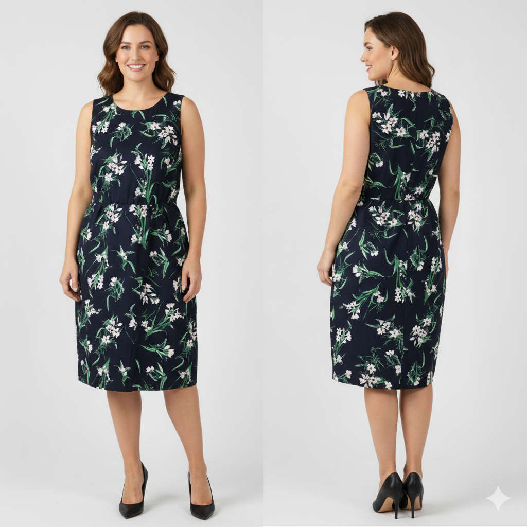 Chic Navy Floral Sleeveless Dress with Belt | UK 18