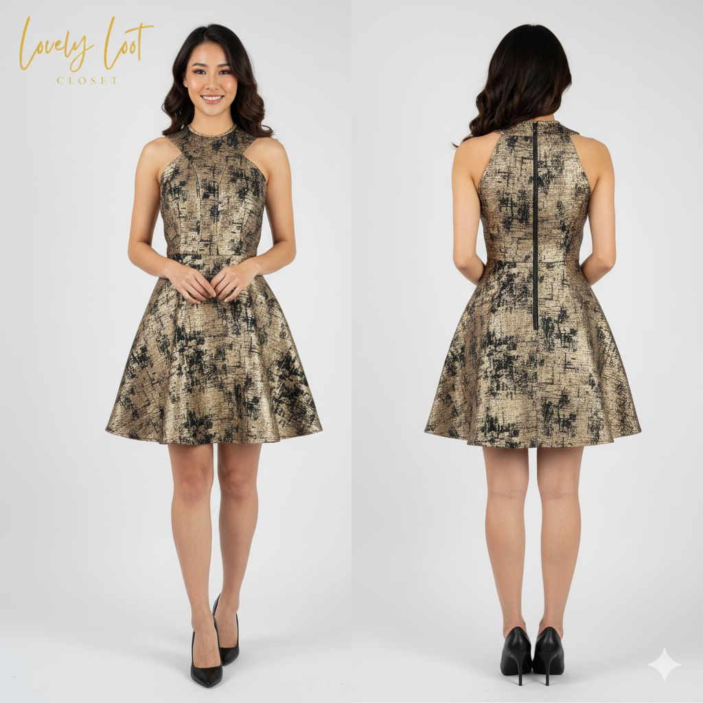 AX PARIS Gold & Black Metallic Skater Dress - UK 8 | WITH TAG! 🏷️