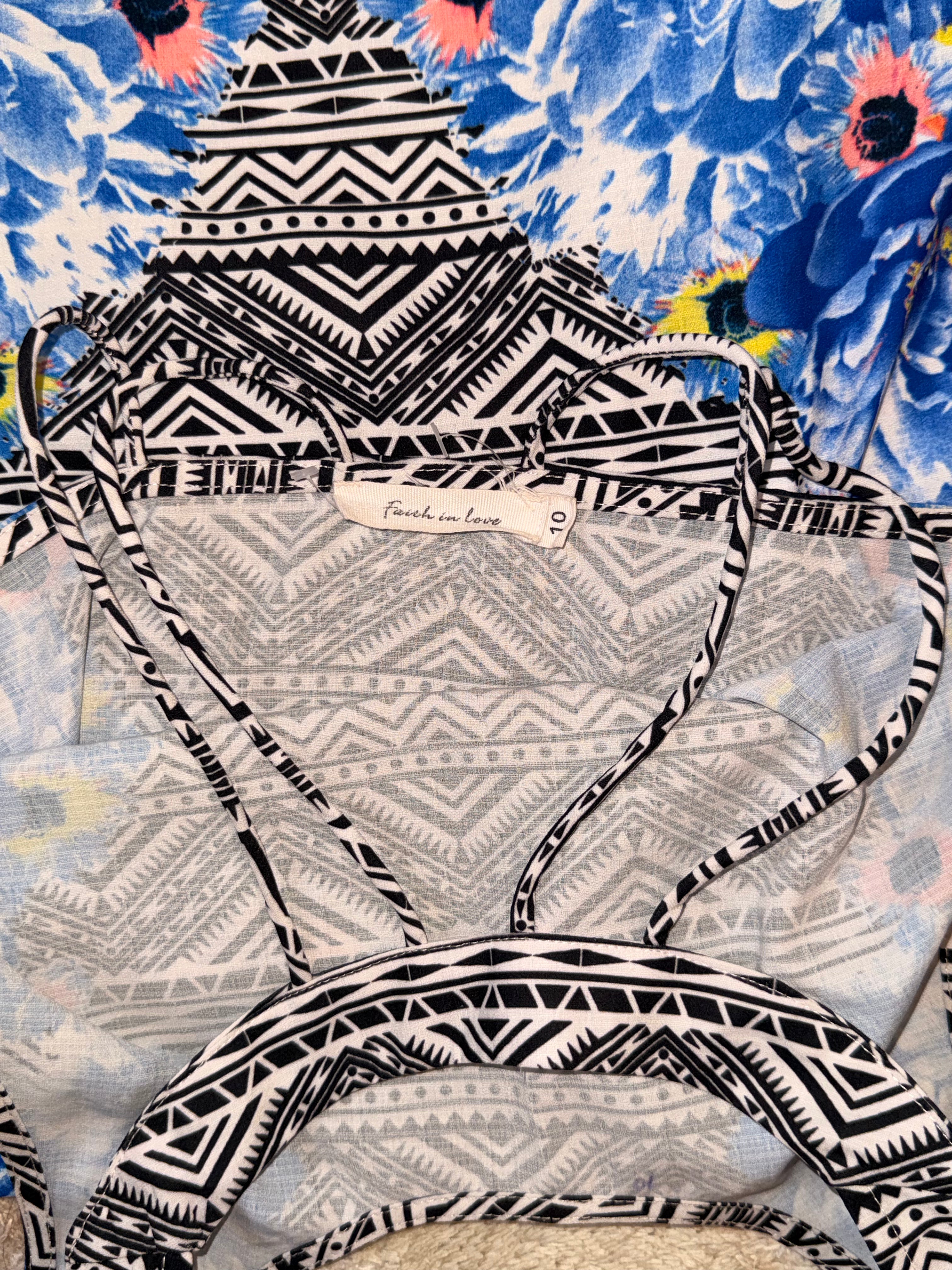 Faith in Love Geometric & Floral Mini Dress - Strappy Back - Size 10 - Blue Boho