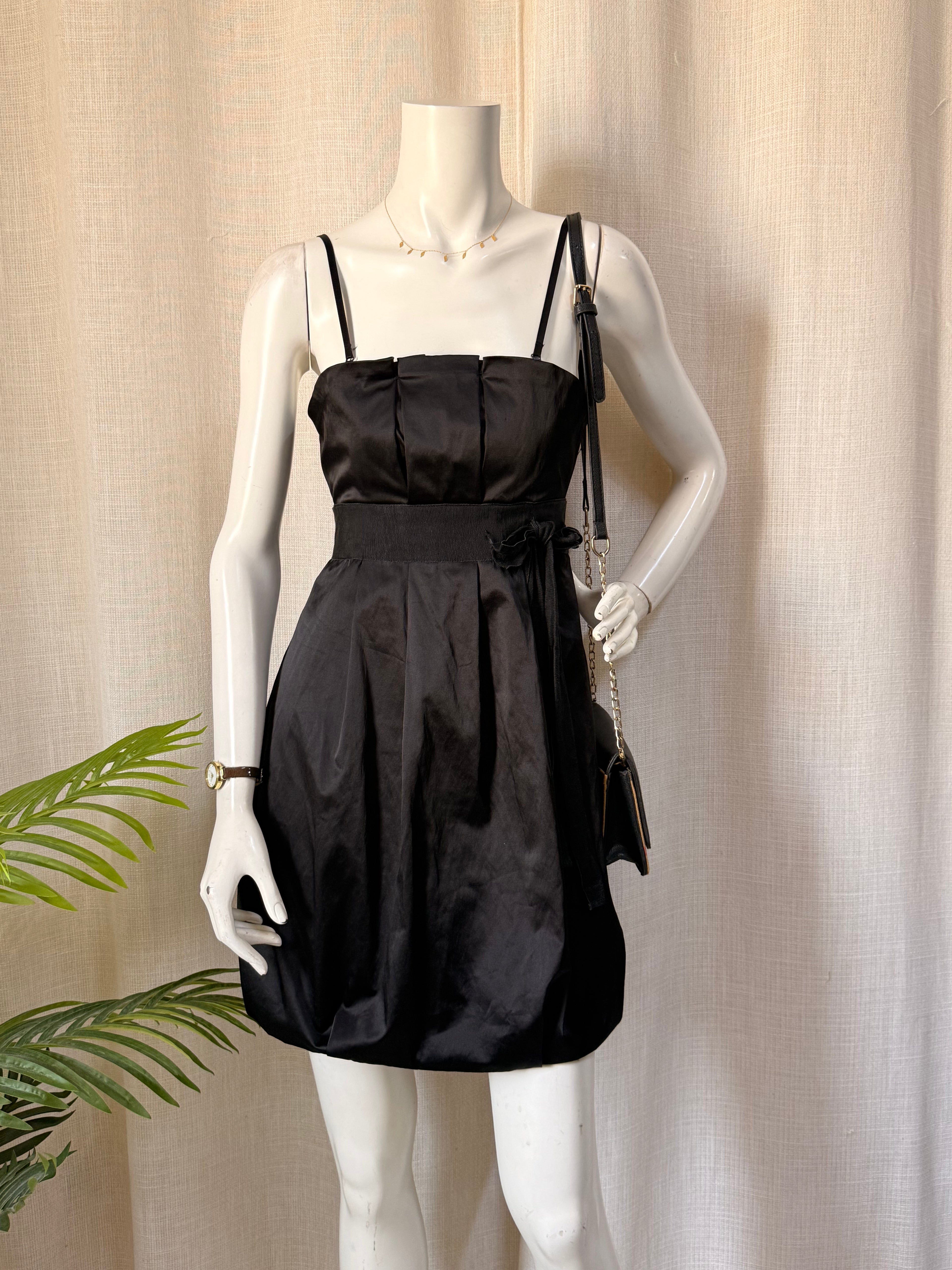 Morgan De Toi Black Satin Cocktail Mini Dress with Ribbon Tie – Size Small (Excellent Condition)
