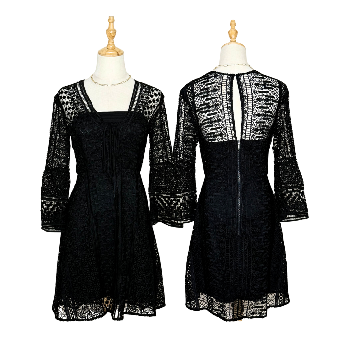 Forever New Black Lace Dress with Bell Sleeves (XS)