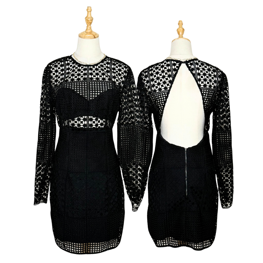 Kookai Black Lace Long-Sleeve Mini Dress with Open Back (Like New - Large)
