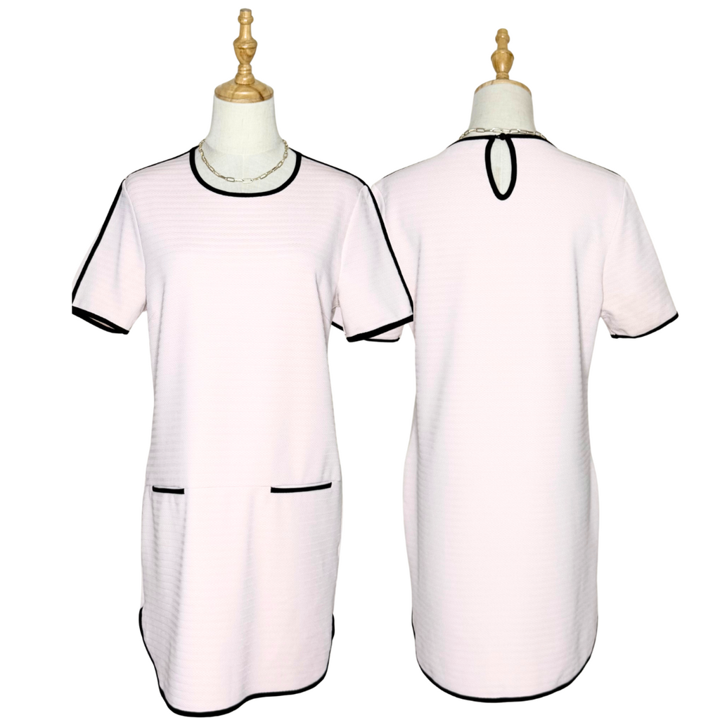 Dorothy Perkins Pink Textured Short-Sleeve Dress with Black Trim (Large)