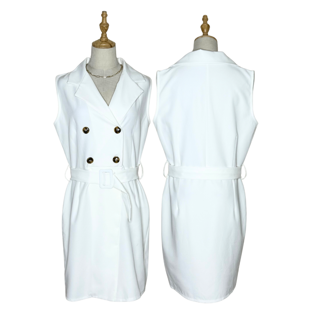 Boohoo White Sleeveless Blazer Dress with Belt (UK 12 / Large)