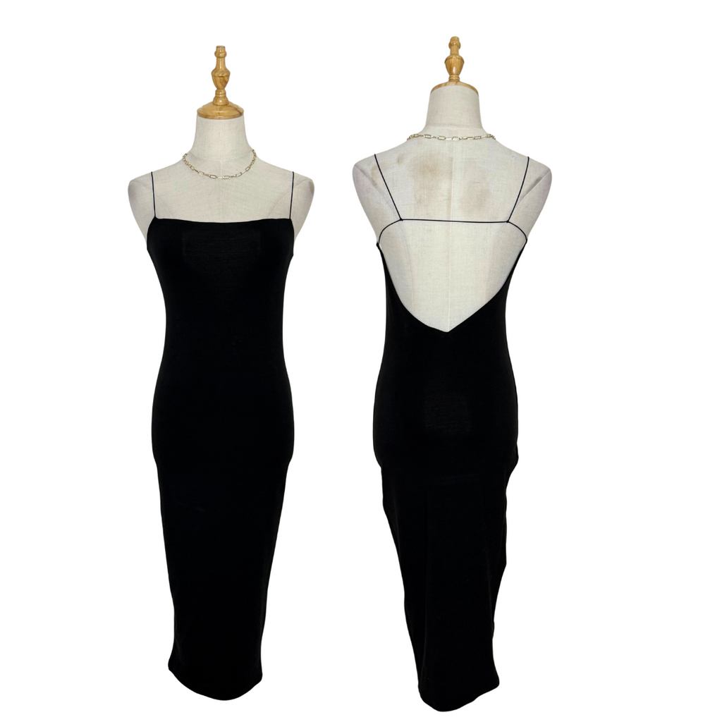 Oh Polly Black Midi Slip Dress (UK 8 / Small)