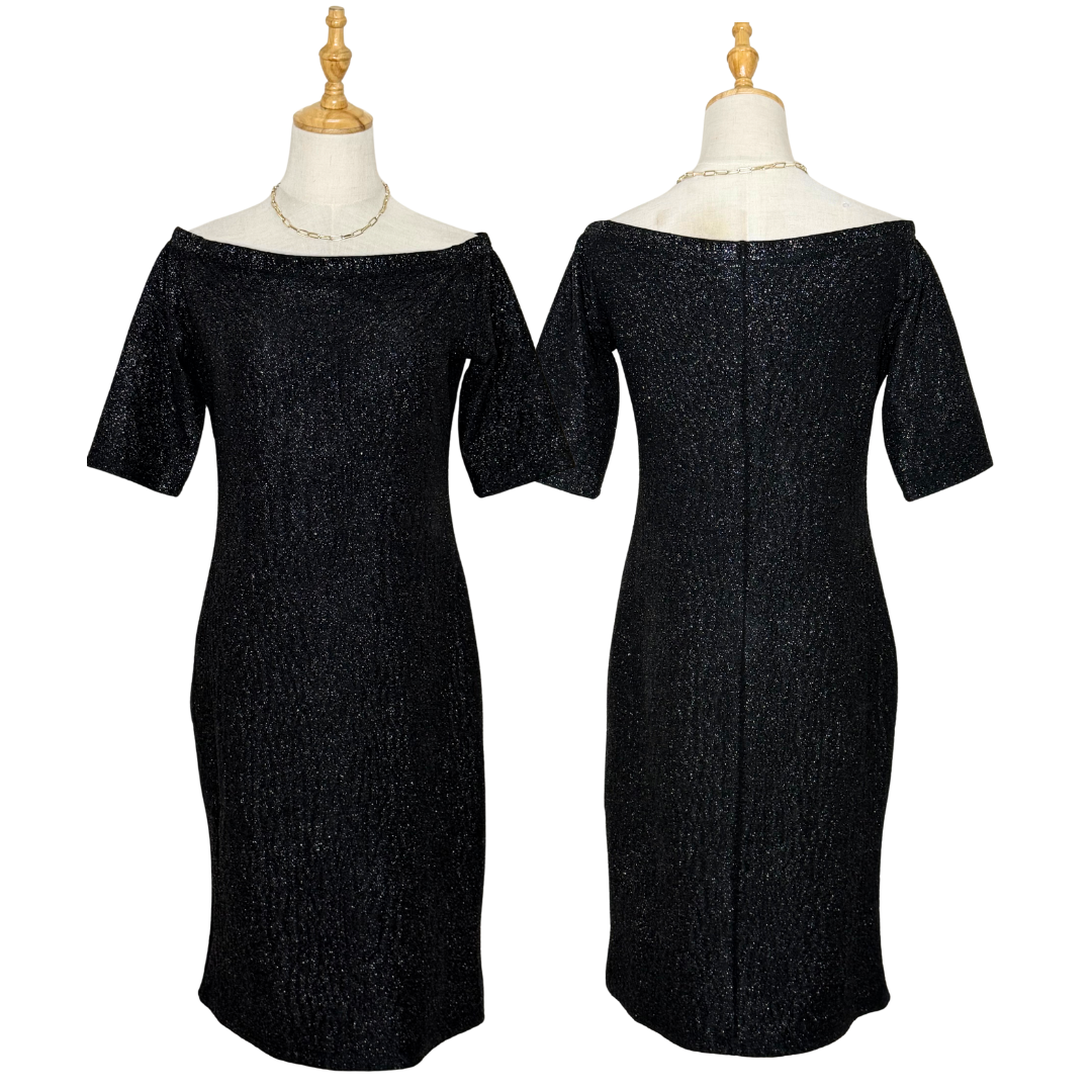 Glitter Black Off-the-Shoulder Dress (10 / Medium)