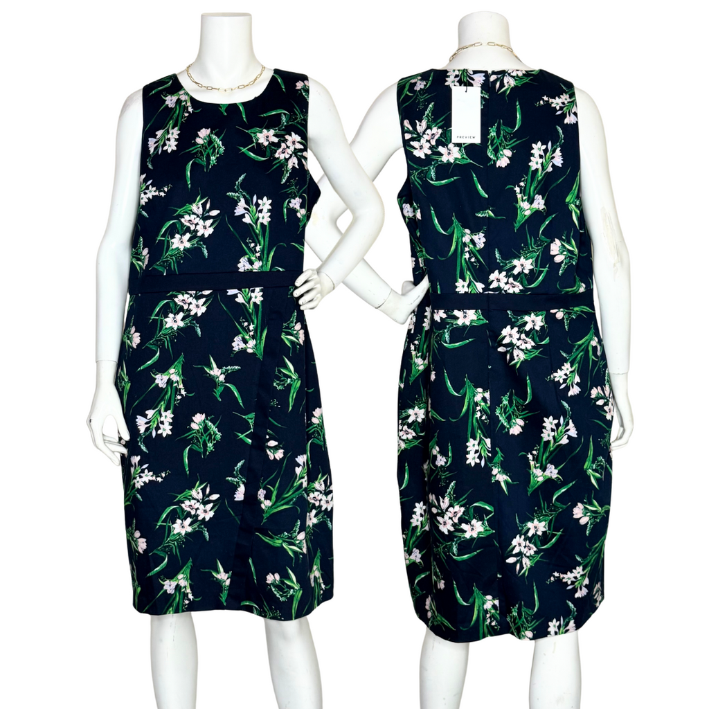 Chic Navy Floral Sleeveless Dress with Belt | UK 18