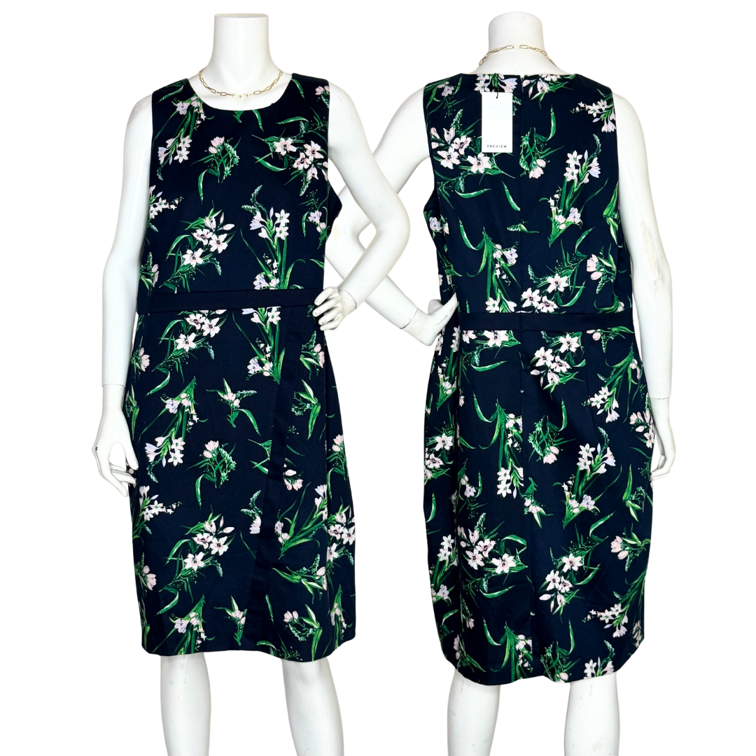 Chic Navy Floral Sleeveless Dress with Belt | UK 18