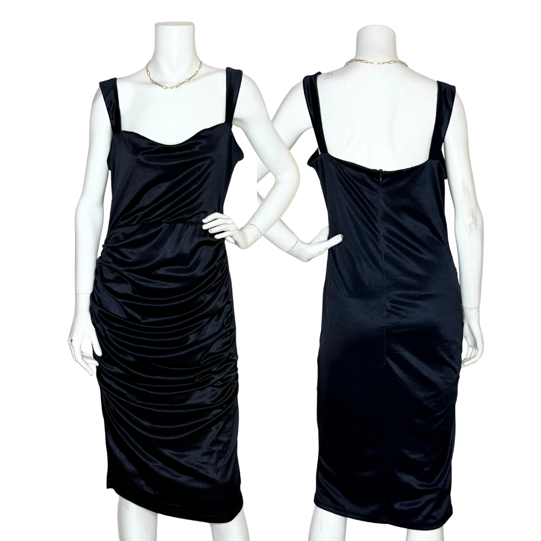 Chic Black Satin Ruched Dress (UK 16)