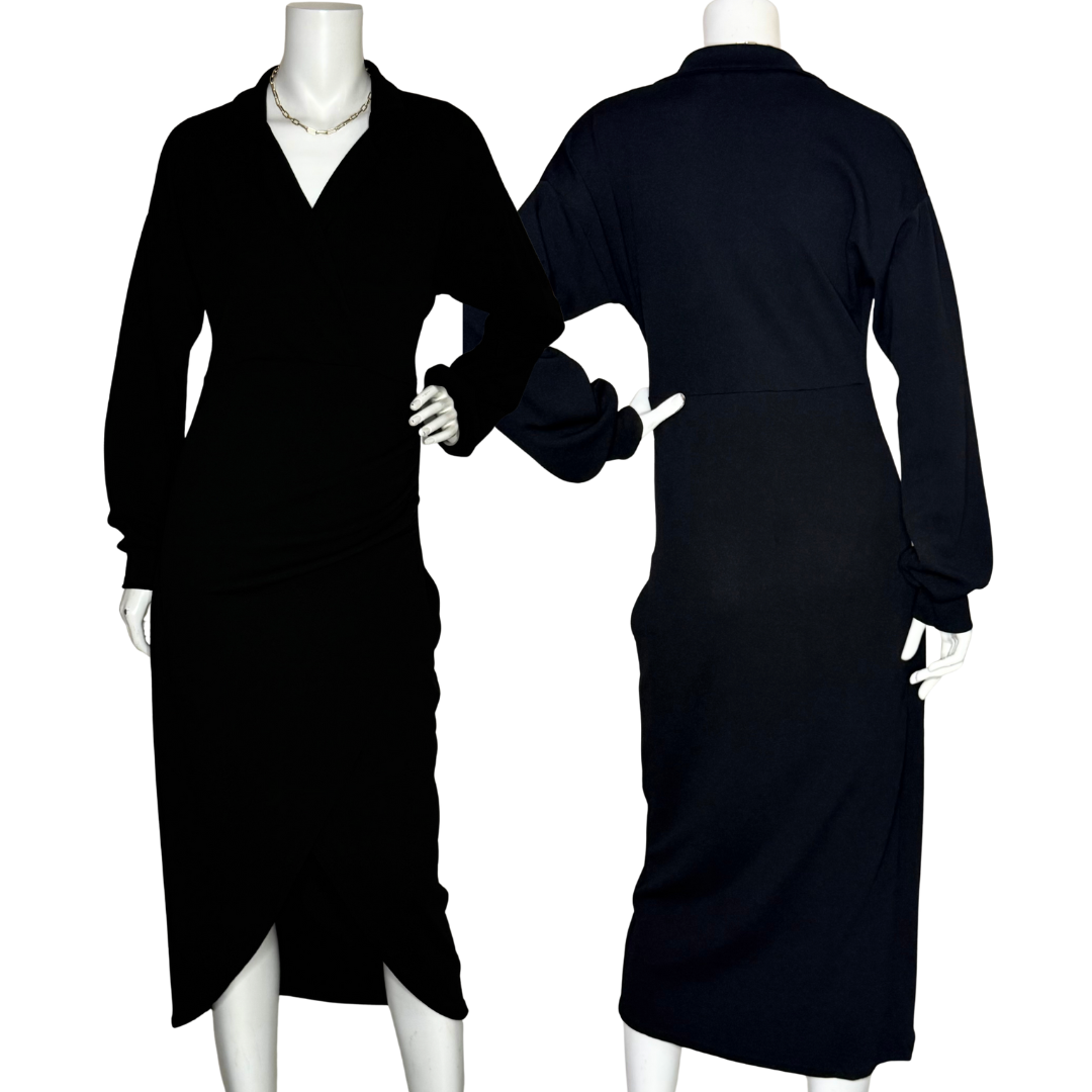 Mango Black Wrap Midi Dress (UK 12 / Large)