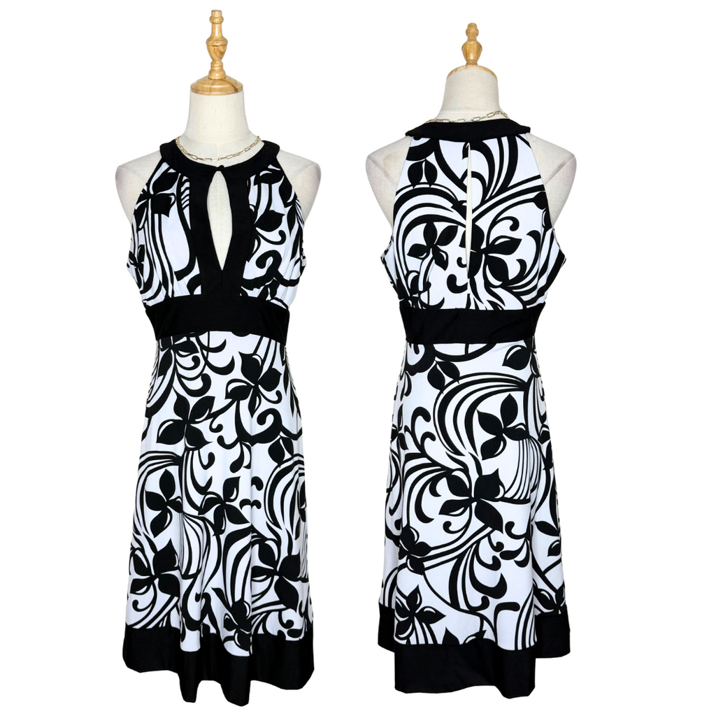 Black & White Floral Halter Neck Dress - MEI MEI (UK 12 / Large)