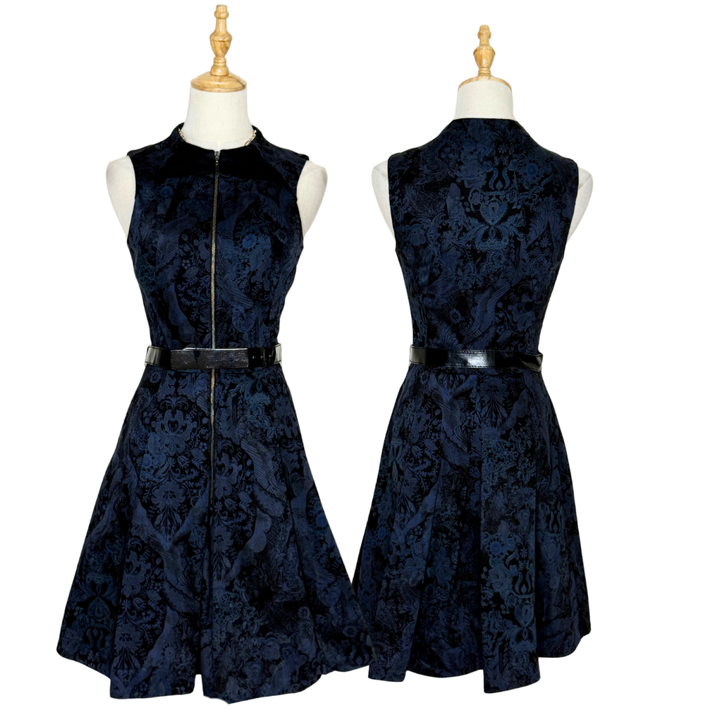 Cue Australia Navy & Black Brocade Dress with Belt (AUS 6 / XXS)