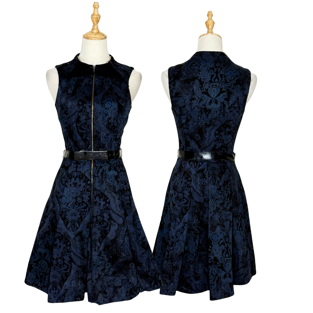 Cue Australia Navy & Black Brocade Dress with Belt (AUS 6 / XXS)