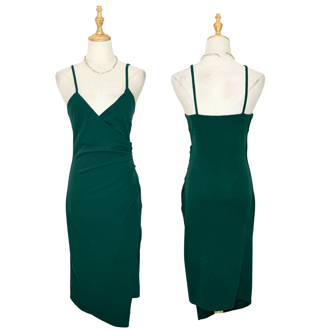 Pretty Little Thing Emerald Green Satin-Effect Wrap Dress (Large)