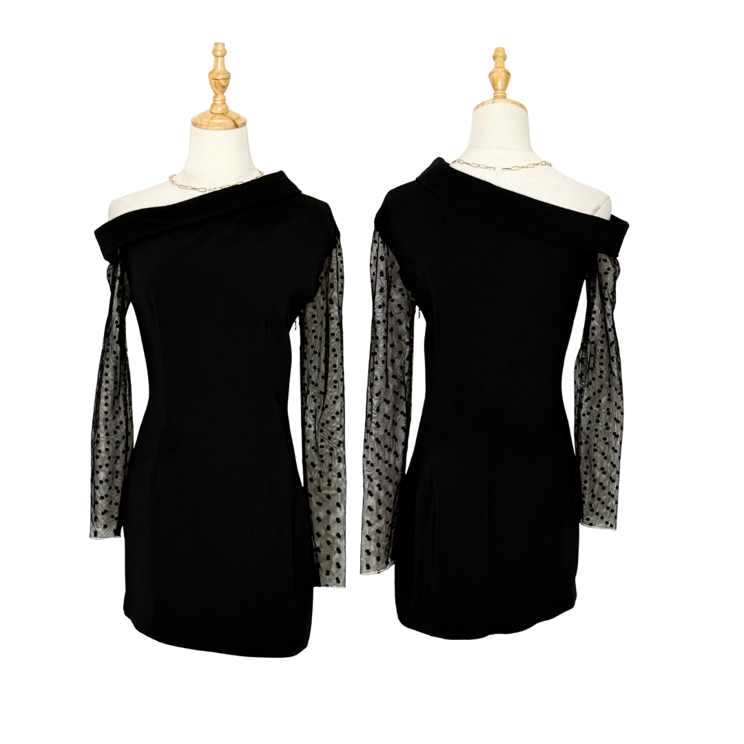 Bianca and Bridgette Black Mini Dress with Mesh Sleeves (Small)