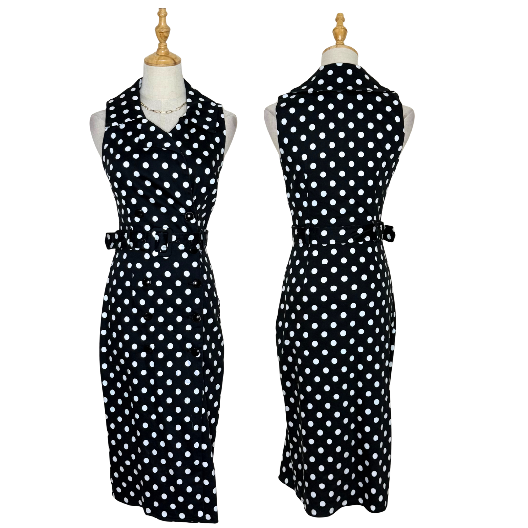 Black and White Polka Dot Midi Dress (Small)